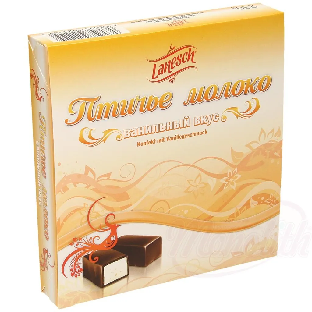 Confiserie en sucre mousseux au goût de vanille "Ptitchje Moloko" enrobée de chocolat.