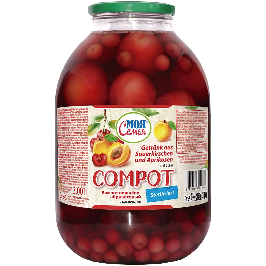 MOJA SEMJA Compot griottes & abricots – boisson aux fruits stérilisée avec fruits entiers 3L