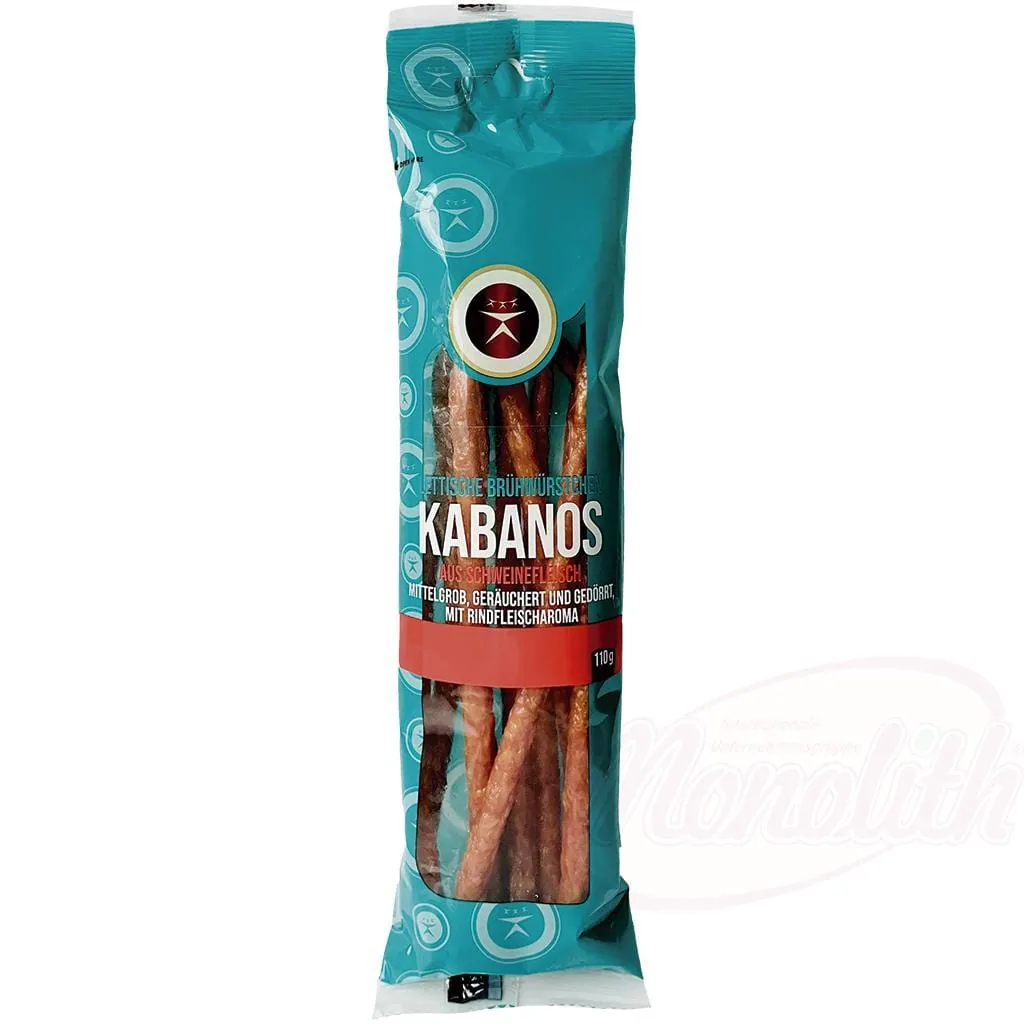Saucisses bouillies lettones "Kabanos" à base de porc, moyennement grossières, fumées et séchées, au goût de bœuf
